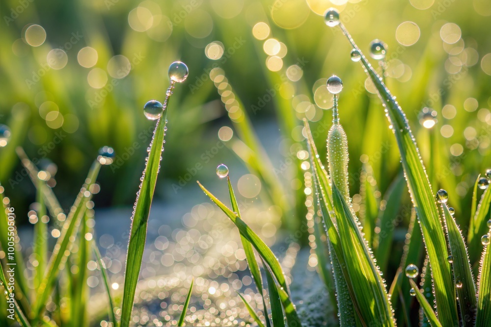 Fototapeta premium Dew drops on grass blades in morning sunlight close-up