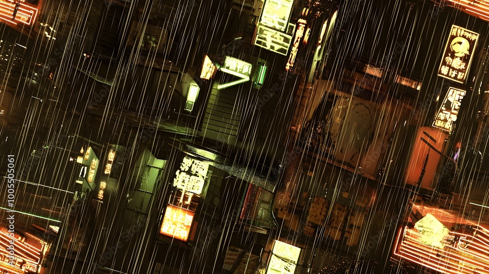 Neon cityscape in heavy rain showcasing vibrant urban nightlife Neon cityscape in heavy rain showcasing vibrant urban nightlife