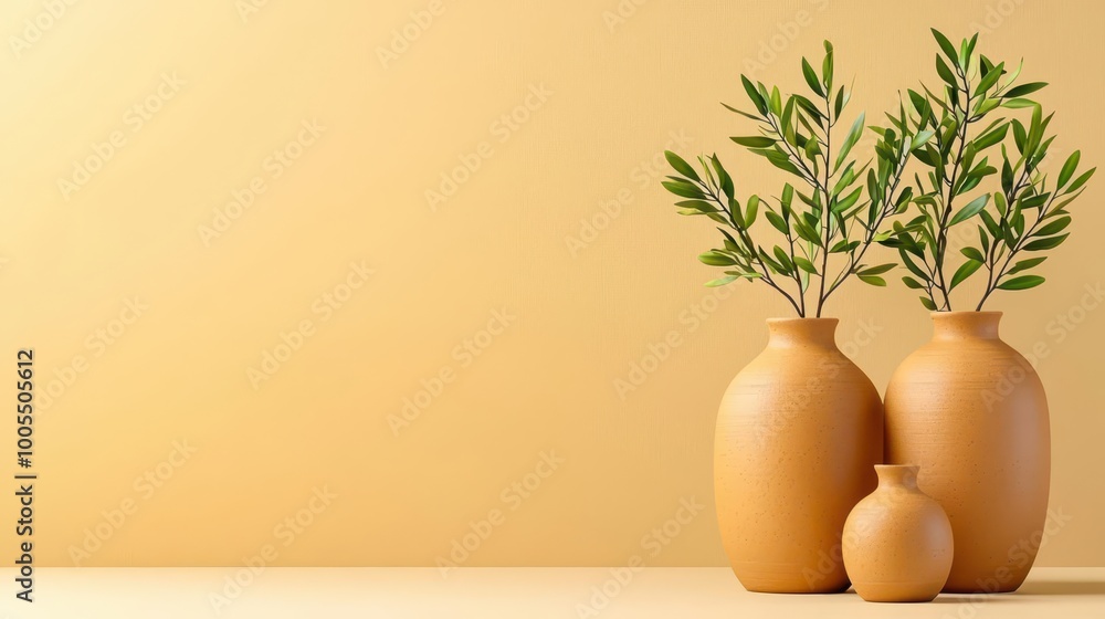 A minimalist still life of ceramic vases casting soft shadows on a beige background A minimalist still life of ceramic vases casting soft shadows on a beige background