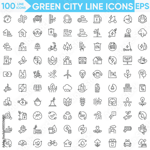 Green city line icons vector and illustrator
