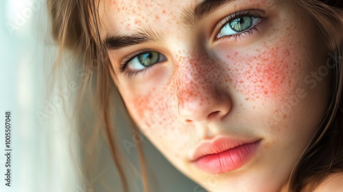 Close-up Portrait of a Young Woman with Freckles and Green Eyes. AI Generated