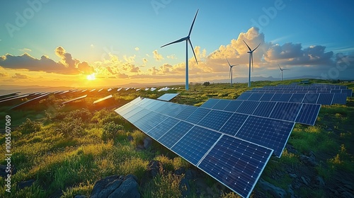 Stunning sunset view with solar panels and wind turbines, showcasing the harmony between renewable energy and nature in a serene outdoor landscape. photo