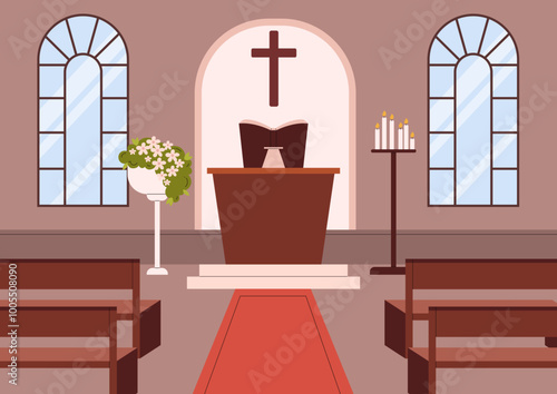 Church hall for Christian religious ceremony, chapel altar wedding venue, vector interior arch windows, flowers, candles