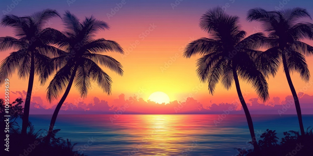 Shadows of dark palm trees against a vibrant tropical ocean sunset background. Shadows of dark palm trees against a vibrant tropical ocean sunset background.