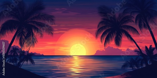 Shadows of dark palm trees against a vibrant tropical ocean sunset background.