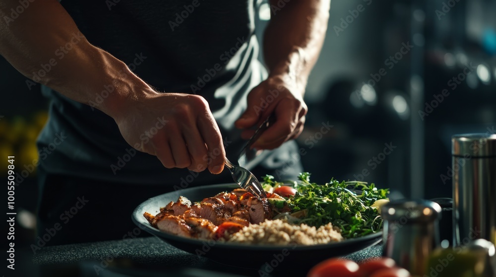 A close-up of a person preparing a healthy meal with protein, grains, and greens, highlighting fitness and nutrition. A close-up of a person preparing a healthy meal with protein, grains, and greens, highlighting fitness and nutrition.