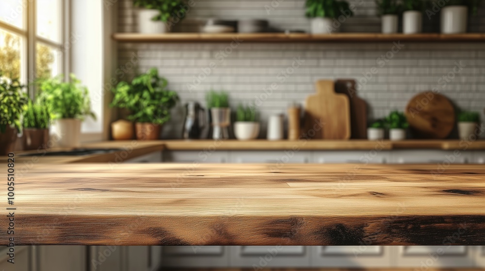 A beautifully crafted wooden tabletop in a modern kitchen filled with greenery and sunlight, creating an inviting and warm atmosphere perfect for home decor inspiration. A beautifully crafted wooden tabletop in a modern kitchen filled with greenery and sunlight, creating an inviting and warm atmosphere perfect for home decor inspiration.