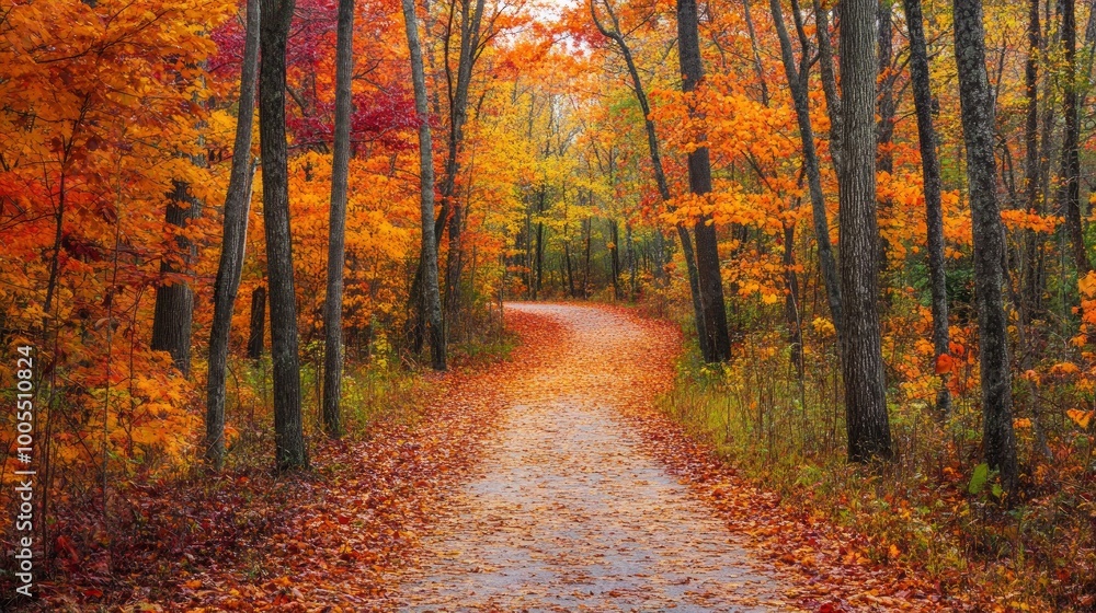 Fototapeta premium Enchanting Autumn Path Peaceful Forest Walk Amidst Fiery Fall Colors 