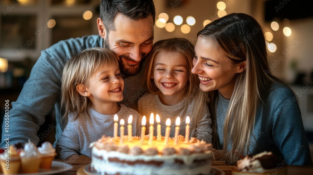 Happy family celebrating a birthday around a cake with candles and joyful expressions. Happy family celebrating a birthday around a cake with candles and joyful expressions.