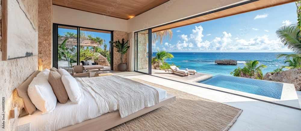 Fototapeta premium Luxurious bedroom with a panoramic view of the ocean, pool, and palm trees.
