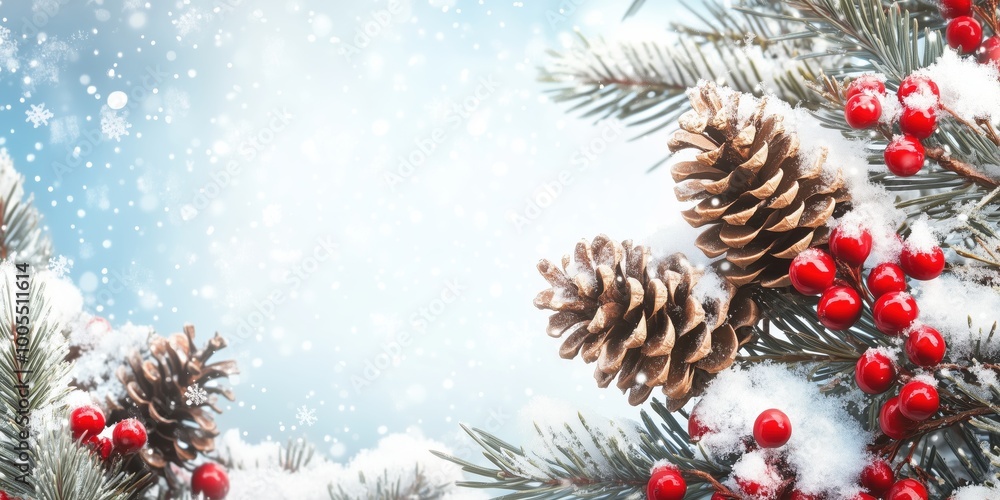 A serene Christmas background featuring snowy pinecones and vibrant red berries, perfect for evoking the winter holiday spirit in your design projects. A serene Christmas background featuring snowy pinecones and vibrant red berries, perfect for evoking the winter holiday spirit in your design projects.