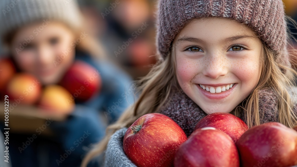 Fototapeta premium Happy girl holding fresh red apples, outdoor setting, smiling, joyful expression.