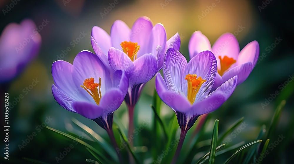 A stunning close-up of vibrant purple crocuses blooming in the warm embrace of spring sunlight, showcasing their delicate petals and contrasting yellow stamens. A stunning close-up of vibrant purple crocuses blooming in the warm embrace of spring sunlight, showcasing their delicate petals and contrasting yellow stamens.
