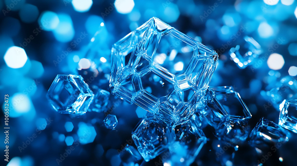 A close-up of a shattered glass cube, with shards flying through the air, against a blue bokeh background. A close-up of a shattered glass cube, with shards flying through the air, against a blue bokeh background.