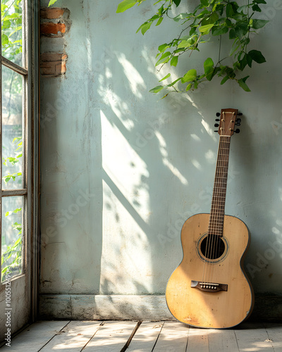 An old guitar with broken strings leaning against a wall