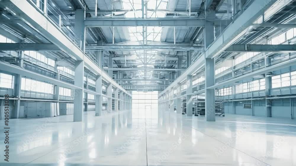 Wide-Angle Smooth Pan of Modern Empty Warehouse with Bright Light Wide-Angle Smooth Pan of Modern Empty Warehouse with Bright Light