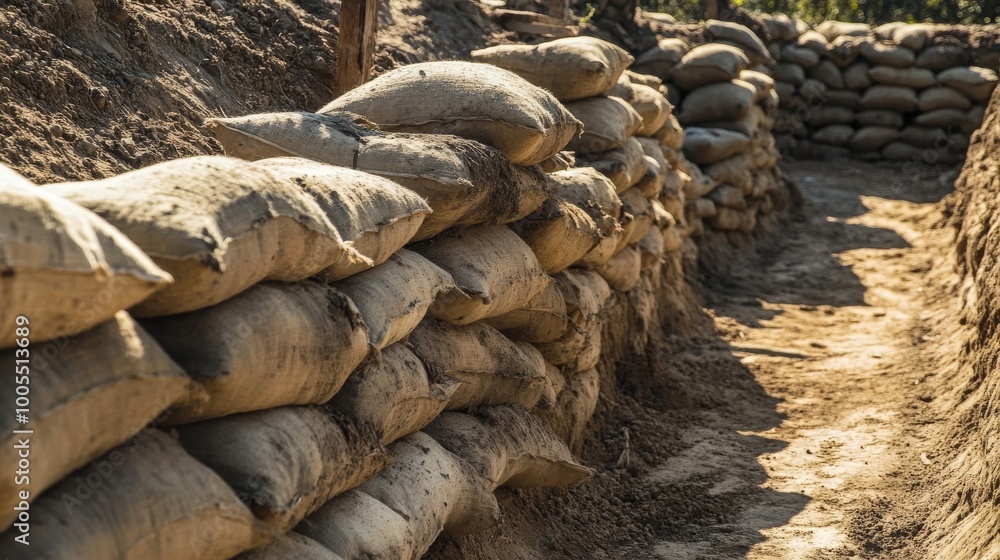 Obraz premium World War I trenches with sandbags stacked for protection in a historical battle scene.