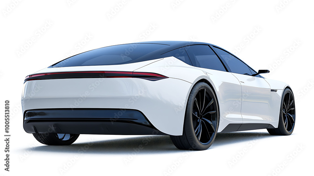 Fototapeta premium White electric car with black wheels and tinted windows, viewed from the rear, isolated on a white background.