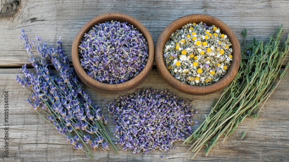 Herbs and flowers in bowls on rustic wooden background. Herbs and flowers in bowls on rustic wooden background.