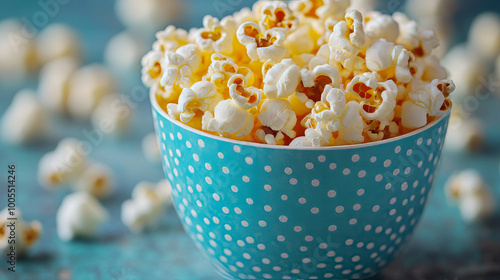 Detailed view of popcorn in a blue polka dot container with a matching blue background photo