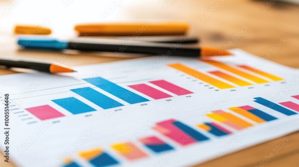 Office desk with financial charts and graphs printed out, pens scattered around the workspace Office desk with financial charts and graphs printed out, pens scattered around the workspace