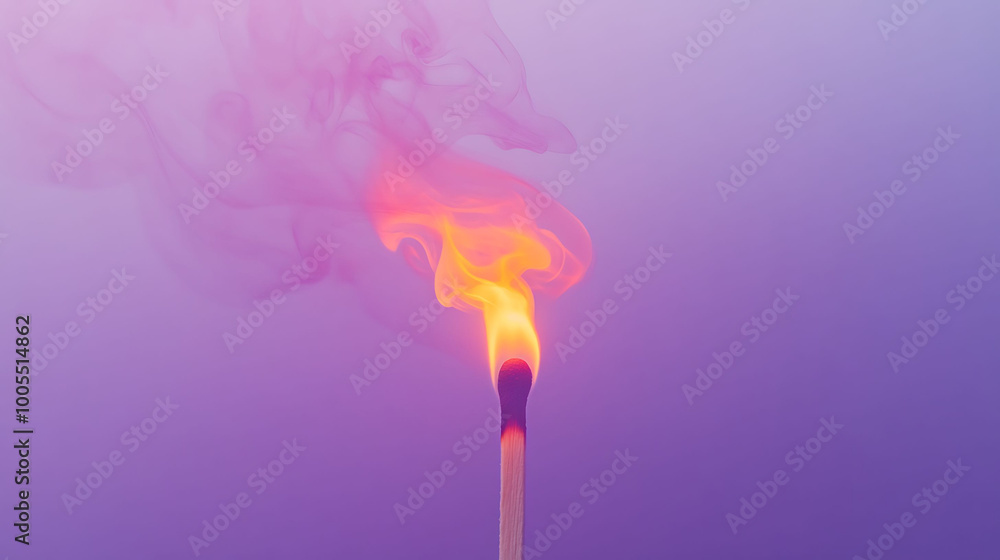 A lit match with smoke rising against a purple background. A lit match with smoke rising against a purple background.