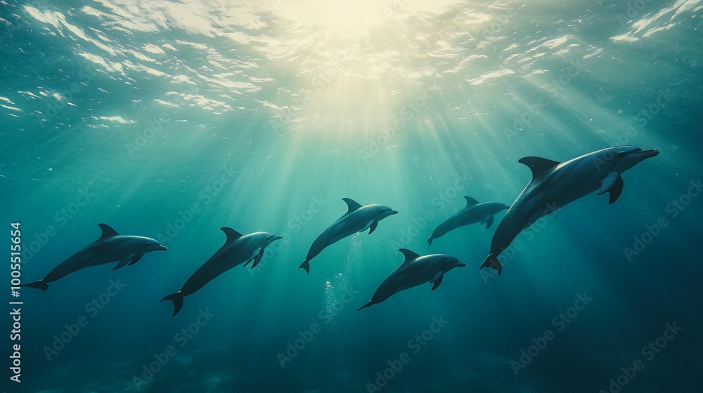 Fototapeta premium A pod of dolphins swims in the ocean, sunlight shining down.