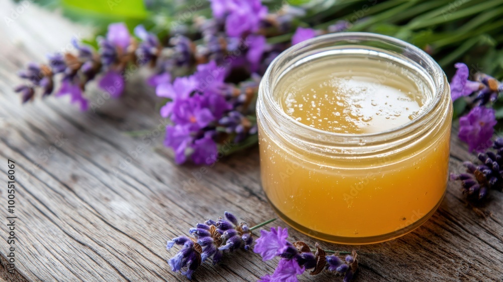 Honey jar surrounded by fresh lavender flowers on rustic wooden table. Honey jar surrounded by fresh lavender flowers on rustic wooden table.