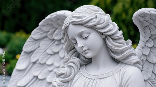 A sorrowful stone angel with weathered features standing in a serene cemetery photo