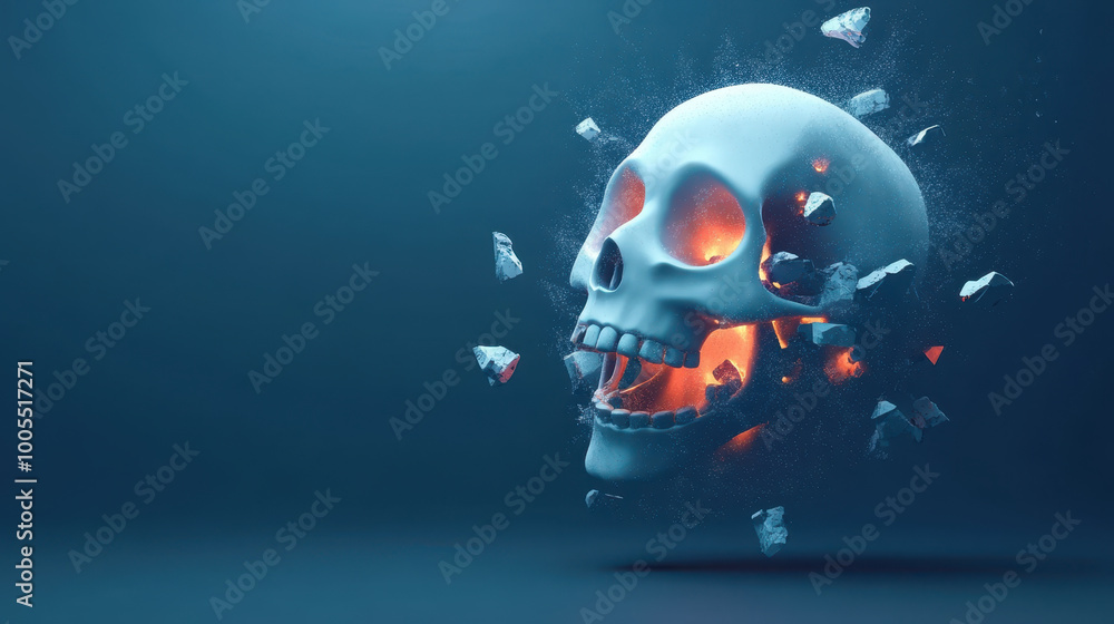 3D skull design with glowing eyes and fragments exploding outward creates striking visual effect. This artwork captures essence of Halloween and spooky themes