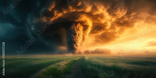 A stunning view of a tornado forming over a serene prairie landscape. Dark clouds swirl dramatically as light breaks through, showcasing nature's power. photo