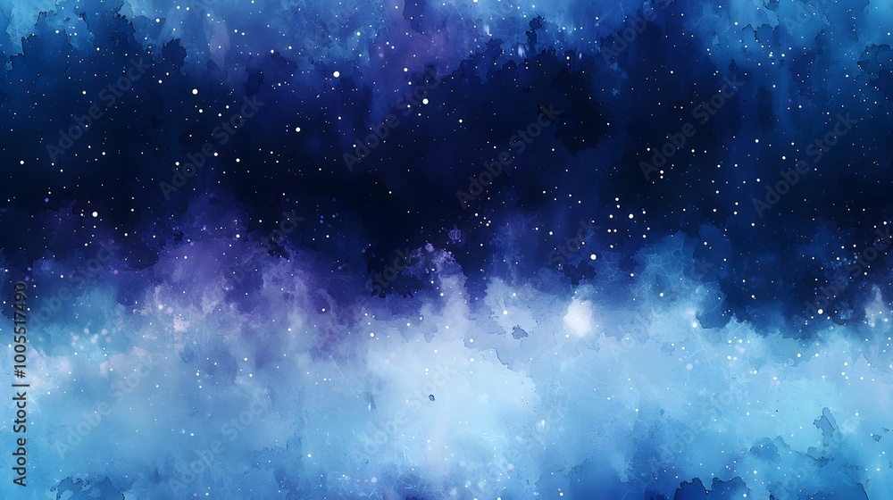 Fototapeta premium Mystical cosmic watercolor sky with stars in deep blue and purple hues