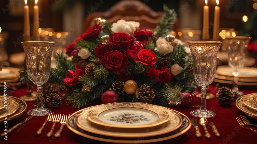 A beautifully set table for a formal Christmas dinner with red r A beautifully set table for a formal Christmas dinner with red r
