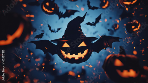 Spooky Halloween elements like glowing pumpkins and flying bats create eerie atmosphere, perfect for celebrating festive season photo