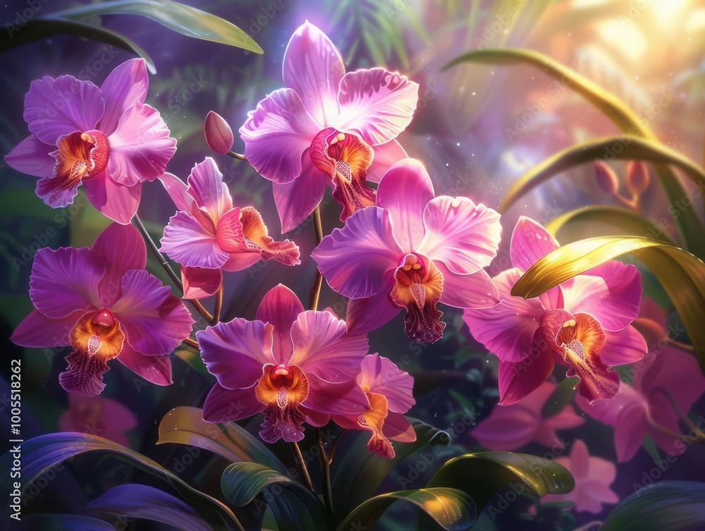 Exotic orchid collection, vibrant blooms, varied species, bird's-eye view, soft light, anime style, detailed beauty, Exotic orchid collection, vibrant blooms, varied species, bird's-eye view, soft light, anime style, detailed beauty,