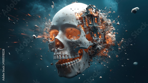 surreal 3D representation of skull exploding with haunted house emerging from it, creating dramatic Halloween themed visual. scene evokes sense of mystery and intrigue photo