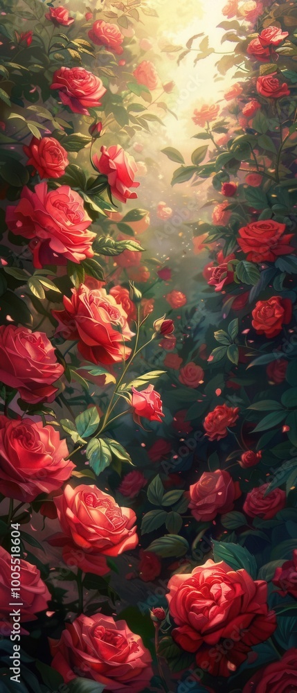Lush rose garden, vibrant reds and pinks, detailed petals, bird's-eye view, evening glow, anime style, romantic ambiance, Lush rose garden, vibrant reds and pinks, detailed petals, bird's-eye view, evening glow, anime style, romantic ambiance,