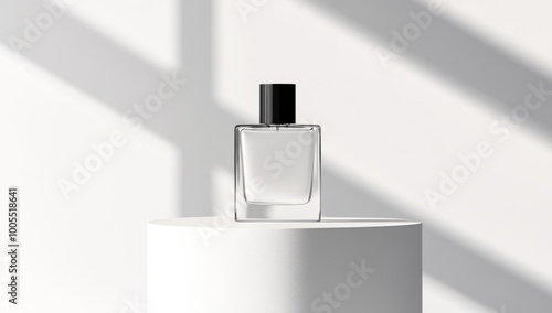 photo of minimalist white perfume bottle mockup on podium against white wall with shadow