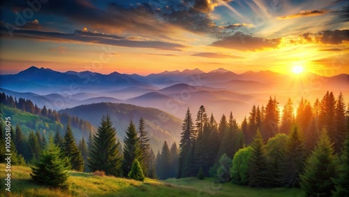 Peaceful springtime sunset over mountains and trees ideal for a nature inspired wallpaper background