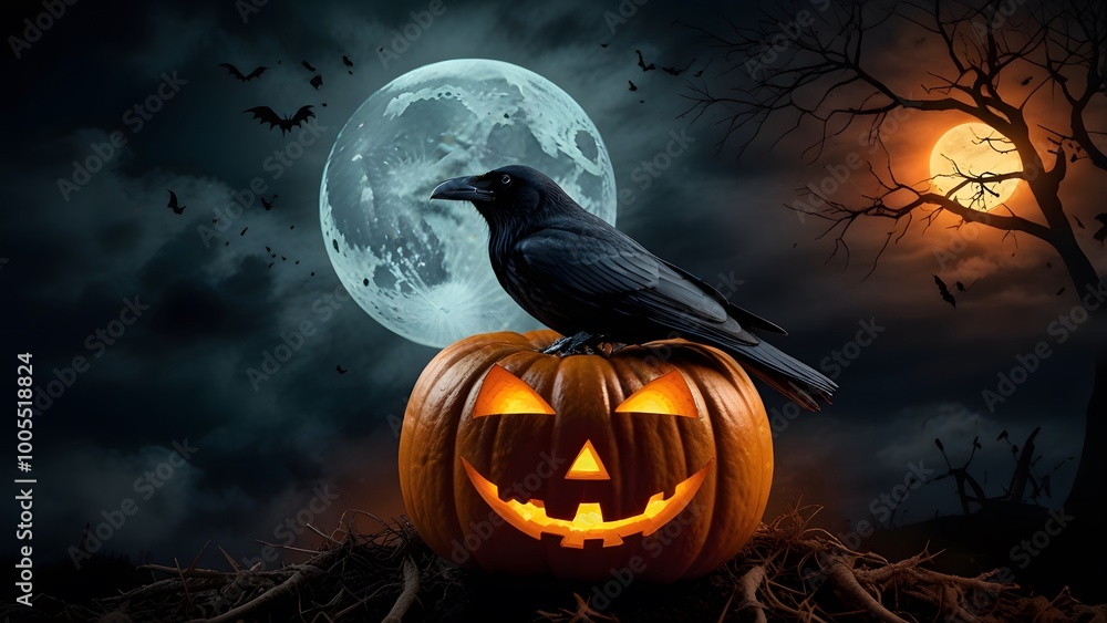 Fototapeta premium Halloween background with demons, pumpkins and witches Created with Generative AI technology.