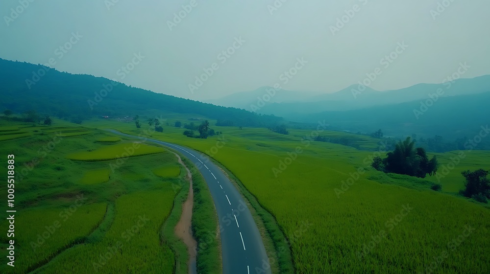 Serene Winding Road Through Lush Green Rice Terraces Serene Winding Road Through Lush Green Rice Terraces