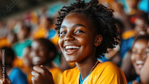 Joyful young woman smiling at a sports event with enthusiastic crowd in background.