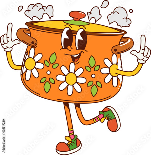 Cartoon groovy kitchen pot character or saucepan casserole, vector retro comic. Groovy funky kitchenware utensil of character saucepan or cooking pot with happy smile on face for kitchen cooking emoji