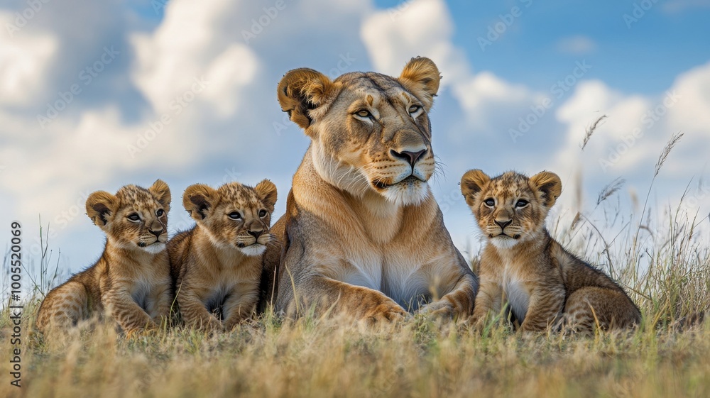 Lioness with three playful cubs in a natural habitat. Lioness with three playful cubs in a natural habitat.