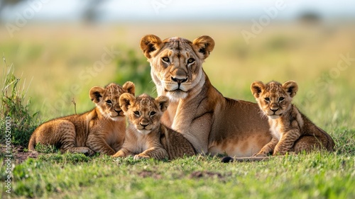 Lion family resting in the grass, showcasing wildlife and natural beauty.