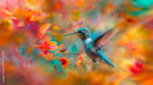 A hummingbird hovering near vibrant flowers, captured in motion with an abstract background.
