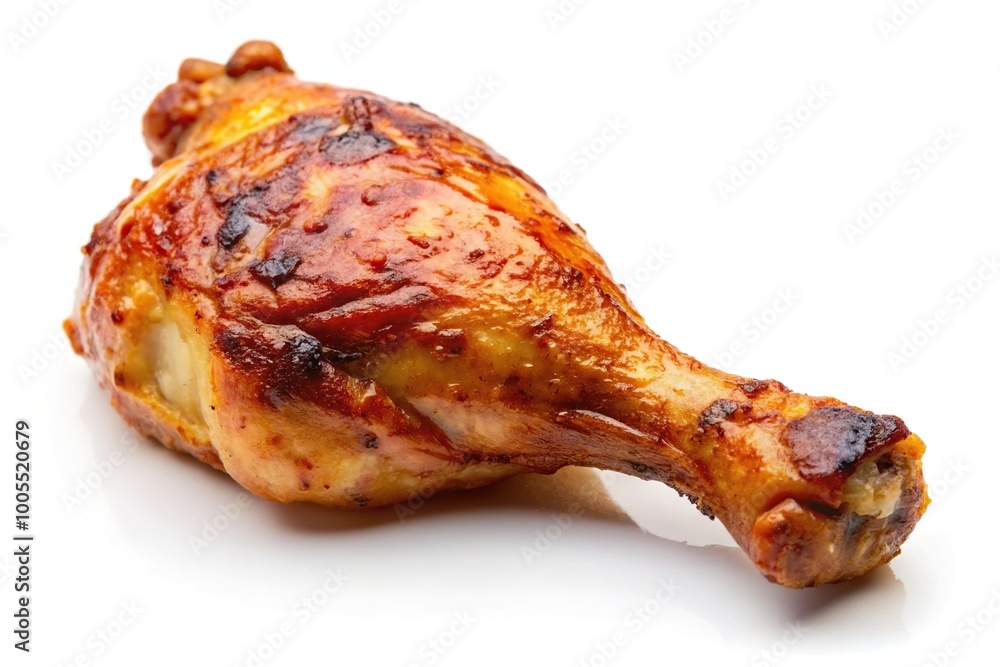 Perfectly cooked poultry roast chicken drumstick isolated on white background at eye level Perfectly cooked poultry roast chicken drumstick isolated on white background at eye level