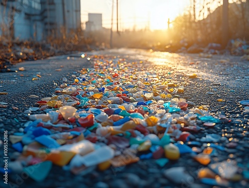 Colorful plastic pieces litter a paved road at sunset.