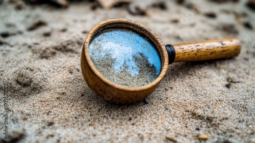 Magnifying glass on sand with a reflection of the sky and trees.