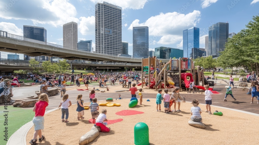Rooftop playground with children playing and the city skyline in the ...